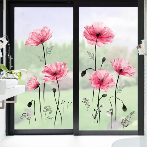 Miniatura 2 de decalmile Calcomanías de pared grandes con flores de amapola rosa, calcomanías de pared de flores florales para dormitorio, sala de estar, fondo
