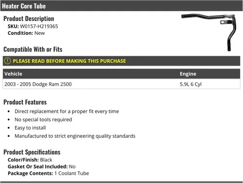 Marketplace Auto Parts Tubo de núcleo del calentador - Compatible con Dodge Ram 2500 2500 5.9L 6-Cylinder Diesel 2003-2005