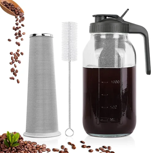 Máquina de café de infusión fría, jarra de albañil de 64 onzas con filtro de acero inoxidable, tapa con pico para servir, de vidrio resistente