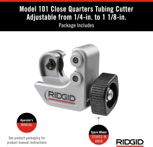 Miniatura 8 de Ridgid - CC247 RIDGID 40617 Modelo 101 Cortador de Tubos para Espacios Reducidos, Cortador de Tubos de 1/4 pulgada a 1-1/8 pulgadas Plateado