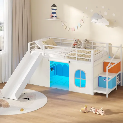Miniatura 13 de DICTAC Cama alta baja con tobogán, escalera de almacenamiento y luces LED, cama alta de metal tamaño individual con espacio de juego debajo