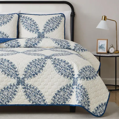 Miniatura 5 de CANNON Abigail - Juego de edredón de poliéster de 2 piezas, color crema y azul, tamaño individual/individual XL, con temática floral, para hombres