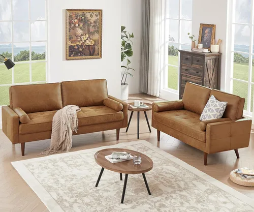 Miniatura 4 de HIFIT - Sofá de 68" de piel sintética, sofá de estilo moderno de mediados de siglo con asiento profundo tipo tufted, 2 almohadas y estructura