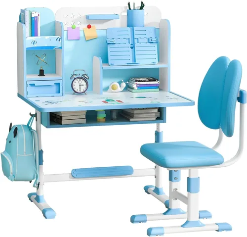 Miniatura 11 de Juego de escritorio y silla para niños, escritorio infantil de altura ajustable con cajones de almacenamiento y estantería, mesa ergonómica para Rosa