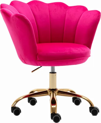 Miniatura 14 de Silla de trabajo cómoda para oficina en casa con ruedas, bonita y moderna tapizada de terciopelo con respaldo de concha, silla de escritorio de Rojo