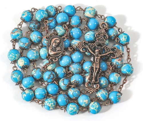 Nazareth Store Collar de cuentas de jaspe azul océano con diseño vintage natural, medalla de suelo sagrado y cruz crucifijo rosarios religiosos
