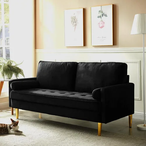 Miniatura 6 de Sofá biplaza moderno de terciopelo de 67 pulgadas, sofá biplaza tapizado con mechones de mediados de siglo con 2 almohadas y 4 patas doradas, sofás