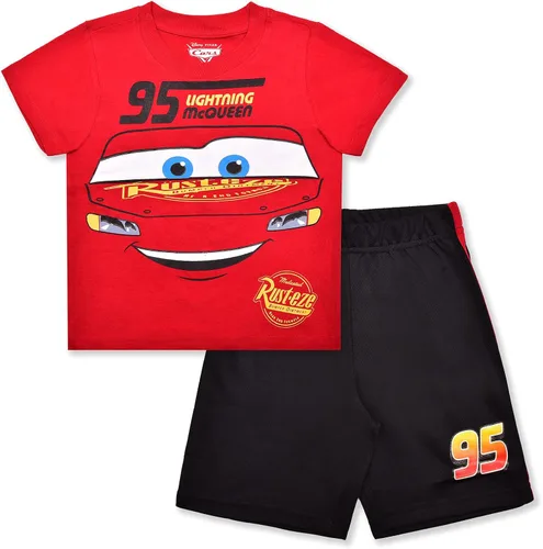 Disney Cars Lightning McQueen - Conjunto de camiseta de manga corta y pantalones cortos para niños pequeños, pequeños y grandes, color negrorojo