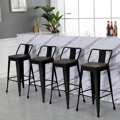 Miniatura 7 de Taburetes de bar de metal con respaldo, juego de 4 taburetes de altura de encimera de cocina con asiento de madera de 24 pulgadas, negro mate
