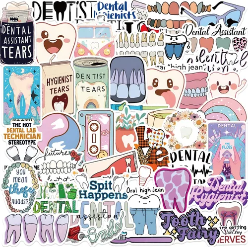 50PCS Cute Dental Stickers for Dentist Kids Teens, Funny Tooth Waterproof Vinyl Sticker for Water Bottles Laptop Scrapbook Journal Phone, Love Tooth