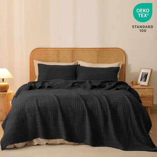 Miniatura 5 de PHF - Manta de punto gofre 100% algodón Queen, suave, ligera, transpirable, acogedora, de verano, para cama, tejida, estética, decoración del hogar