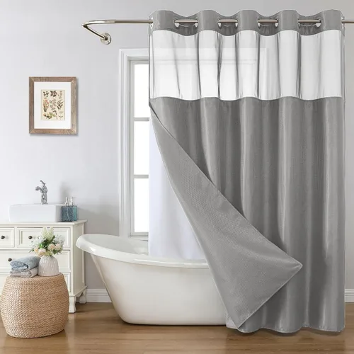 Miniatura 8 de eachope Cortina de ducha negra sin gancho con forro de tela a presión, cortinas de ducha de tejido gofre para baño, juego de cortinas de baño