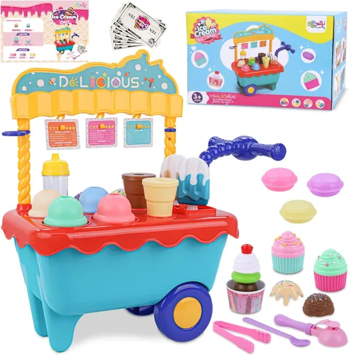 Gifts2U Carrito de helado de juguete para niños, juego de 45 piezas de helado, tienda de juegos de simulación con carrito de almacenamiento,