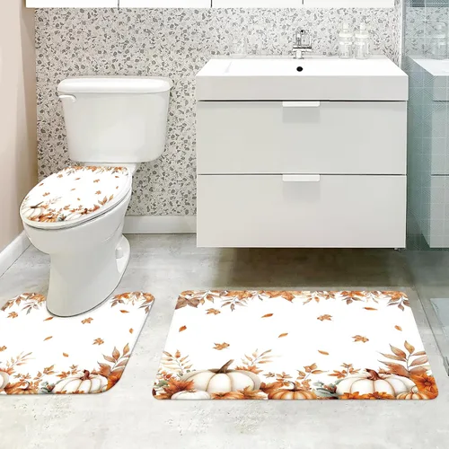 Miniatura 3 de MEHOFOND Juego de 4 cortinas de ducha de otoño con hojas de arce y calabaza, hojas de otoño, cosecha, Acción de Gracias, acuarela, decoración