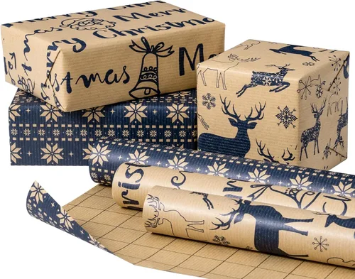 RUSPEPA - Rollos de papel de regalo de Navidad - Mini rollo - 17 pulgadas x 10 pies por rollo, total de 3 rollos - Diseño de renos y copos de nieve