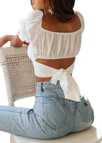 Miniatura 7 de LYANER - Blusa ombliguera para mujer, manga corta, con volados, que se ata en la espalda y hombros descubiertos, estilo Bardot