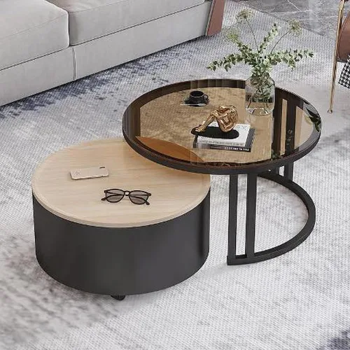 Miniatura 16 de Couchtisch Rund 2er Set, Kreativer Runder Couchtisch Aus Glas mit Metallrahmen, Mit Stauraum für Kleine Räume Wohnzimmer Schlafzimmer Balkone mit B