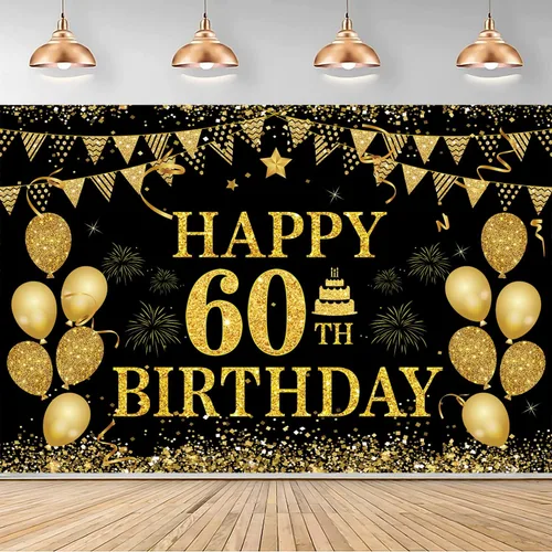 Cartel de cumpleaños número 60, negro y dorado, 71 x 45 pulgadas, decoración de feliz cumpleaños 60 Oro negro 60