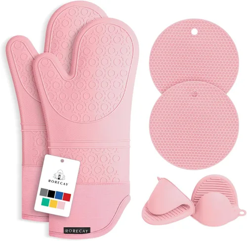 Miniatura 18 de Rorecay Juego de 6 guantes de horno y soportes para ollas para cocina, guantes de horno extralargos de silicona, resistentes al calor, 500 grados