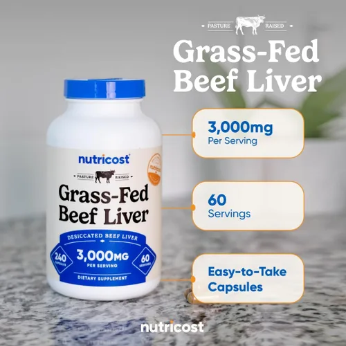 Miniatura 6 de Nutricost Cápsulas de Hígado de Res Desecado Alimentado con Pasto 3000mg Por Porción (750mg Por Cápsula), 240 Cápsulas para 60 Porciones - Sin