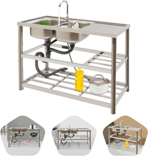 Miniatura 4 de Fregadero de acero inoxidable de doble tazón, juego de fregadero de cocina de restaurante comercial con grifo y escurridor, lavabo de mano con banco