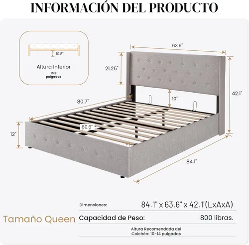 Miniatura 2 de SHA CERLIN Base de cama tamaño queen con almacenamiento elevado, cabecero abatible con botón, plataforma tapizada, almacenamiento hidráulico, Beige