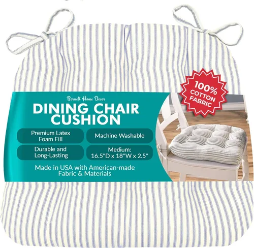 Barnett Home Decor Ticking Stripe Berlin Blue - Almohadilla para silla de comedor con lazos, tamaño mediano 18, relleno de espuma de látex, lavable