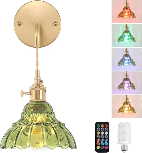 Miniatura 20 de Shenmoyl Aplique de Pared Vintage con Pantalla de Cristal con Patrón de Lirio de los Valles Verde, Cadena Ajustable, Luz de Pared Montada Retro