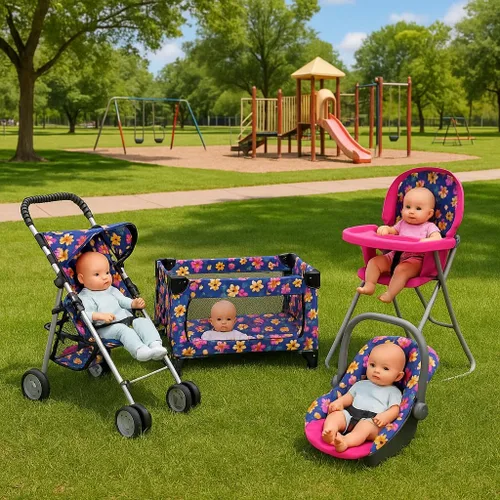 Miniatura 3 de fash n kolor El juego de 4 piezas para muñeca de bebé, diseño de flores, incluye paquete plegable y juego, cochecito de muñeca de bebé, silla alta 4