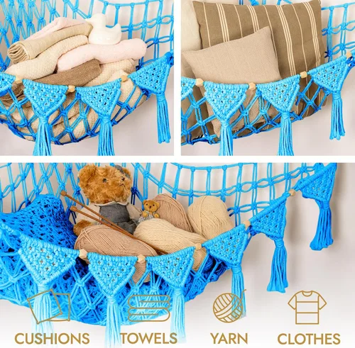 Miniatura 6 de TIDYTEDS Macramé DreamLights Hamaca de Red de Almacenamiento de Animales de Peluche Boho Extra Grande Soporte de Almacenamiento de Juguetes de Azul