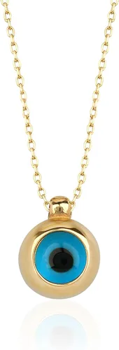THEA - Collares cerrados contra el mal de ojo en oro macizo real de 14 quilates, dije de protección de moneda Hamsa azul, regalo de joyería fina