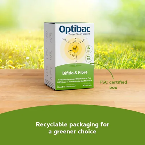 Miniatura 6 de Optibac Probióticos en polvo con bifidobacterias y fibra, 30 sobres 25 mil millones de UFC + 0.14 oz de fibra FOS Mezcla vegana de probióticos