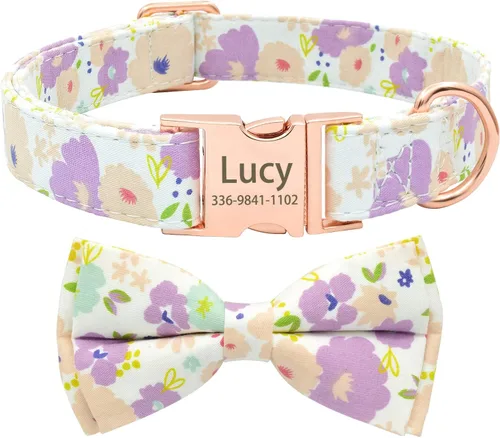 Miniatura 8 de Collar de perro con bonito lazo personalizado con nombre, collar floral personalizado con hebilla dorada grabada para perras pequeñas, medianas