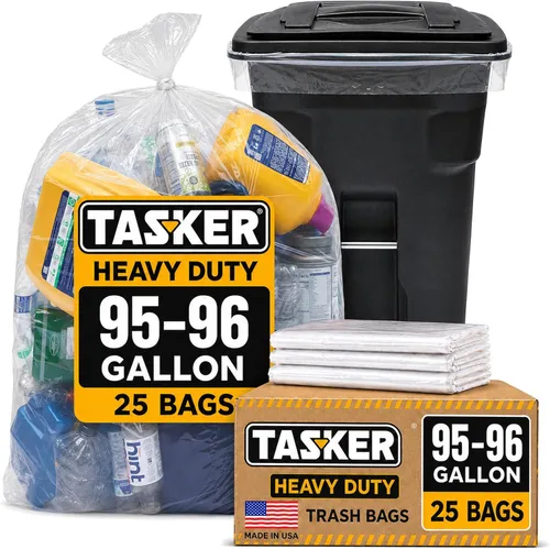 Tasker Bolsas de basura transparentes de 95 a 100 galones resistentes | 25 bolsas | Bolsas de basura extragrandes de 96 galones para latas de basura