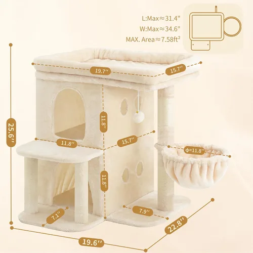 Miniatura 3 de Heybly Árbol para gatos, torre para gatos de 25.6 pulgadas con amplia percha superior para gatos grandes, muebles de casa para gatos estilo escalera