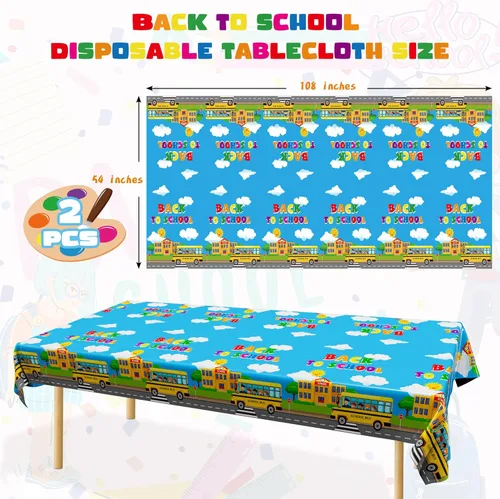 Miniatura 2 de Suministros de regreso a clases, 2 manteles de 108 x 54 pulgadas, manteles desechables coloridos para el primer día de escuela, rectangular