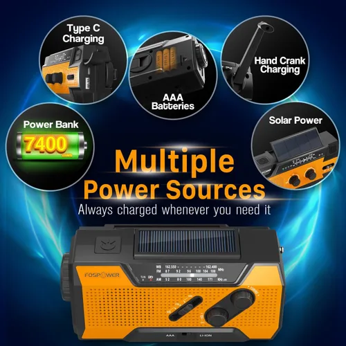 Miniatura 2 de FosPower NOAA Radio meteorológica de emergencia A1 7400 mWh, banco de energía portátil, AM/FM, USB/solar/carga de manivela, funciona