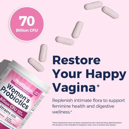 Miniatura 2 de NewRhythm Probióticos para mujeres, prebióticos orgánicos, 70 mil millones de UFC, 10 cepas, probióticos vaginales para la salud urinaria
