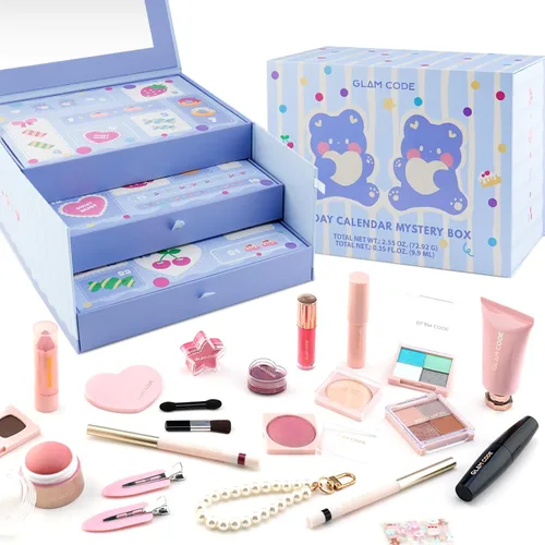 Glam Code Calendario de Adviento de maquillaje de 24 días 2025, juego de regalo de maquillaje de belleza para adolescentes y mujeres adultas, Azul