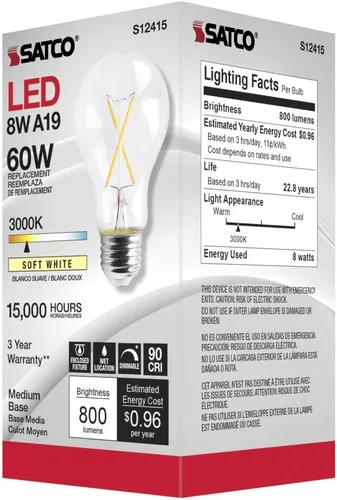 Miniatura 3 de Satco S12415-8 vatios LED A19; transparente; base media; 3000K (paquete de 2)