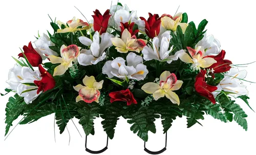 Miniatura 10 de Sympathy Silks Flores de cementerio artificiales - Decoración de tumbas - Tulipanes rojos e iris blancos (1) Ramo Rojo Blanco