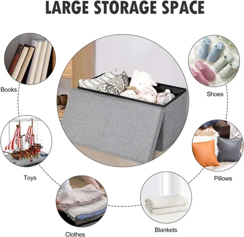 Miniatura 9 de Otomana plegable de almacenamiento con tapa abatible, banco para el extremo de la cama, banco de zapatos de tela con asiento acolchado, taburete