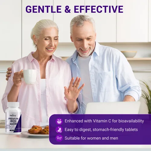 Miniatura 3 de Heivy Sulfato ferroso 325 mg, hierro 65 mg, hierro con vitamina C – Suplemento de hierro de alta potencia para mujeres y hombres – Ingredientes