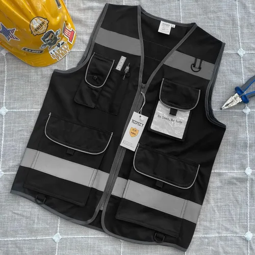 Miniatura 5 de TCCFCCT Chaleco de alta visibilidad, de seguridad reflectante para trabajo con 9 bolsillos para hombres y mujeres, chaleco de construcción con tiras