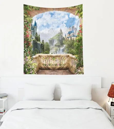 Miniatura 10 de EMMTEEY Tapiz de pared con bosque - Árbol de pino verde y niebla, arte de pared natural, 80x60 pulgadas, tapiz grande de estilo bohemio para sala
