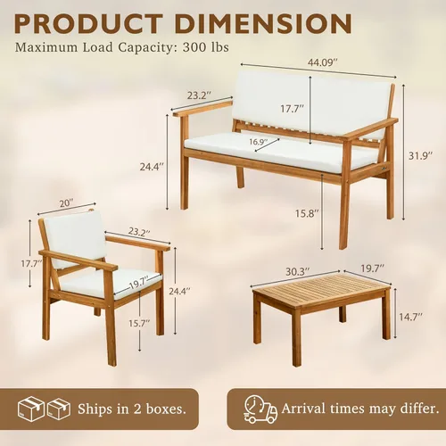 Miniatura 6 de Devoko Muebles de patio, 4 piezas, madera de acacia, juego de sofá de conversación al aire libre con mesa y cojines, sillas de porche para jardín