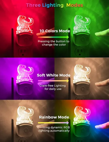 Miniatura 6 de LOHAS - Luz nocturna de dinosaurio para niños, luz nocturna LED con enchufe, del atardecer al amanecer, luces nocturnas LED Velociraptor enchufables