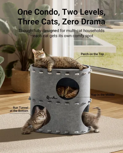 Miniatura 2 de DownyPaws Casa para Gatos de Interior, Cama Cueva para Gatos Plegable de 2 Pisos, Cama Túnel de Fieltro para Gatos Condominio, Cubo Escondite