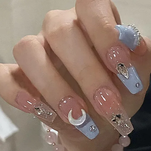 Miniatura 11 de Uñas postizas a presión con diseños de longitud media, forma de ataúd, cobertura completa, reutilizables, con pegamento, uñas adhesivas