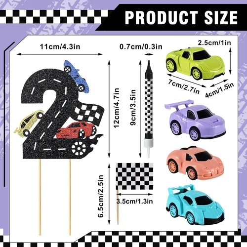Miniatura 2 de Decoración para tartas de auto de carreras, 15 piezas, decoración de cumpleaños de autos de carreras, velas de cumpleaños falg a cuadros